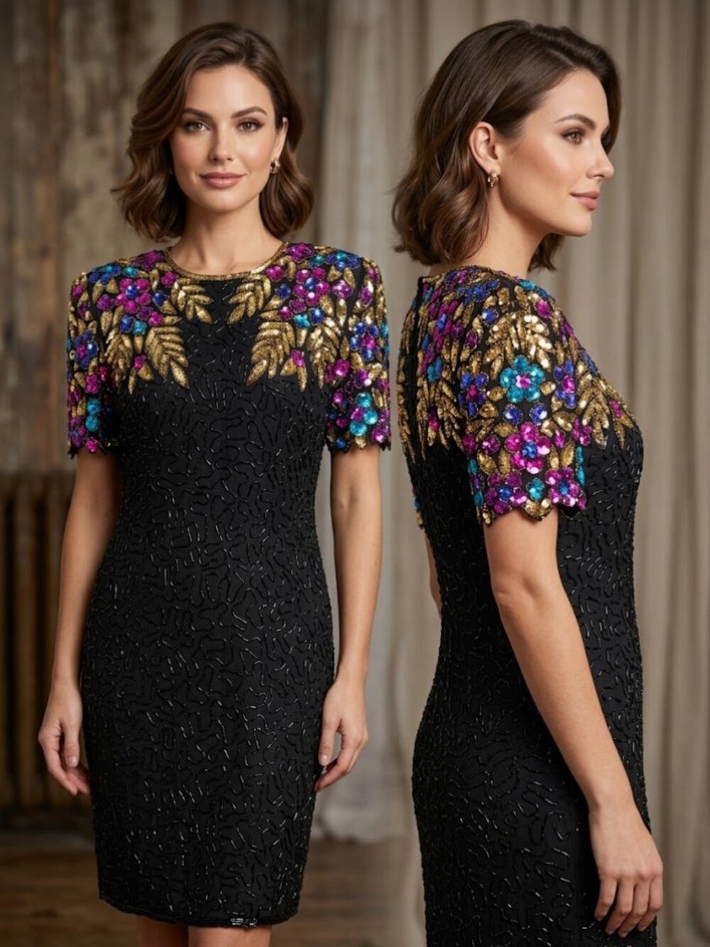 Stenay VTG Silk Beaded Black Gold Purple Pink Blue Formal Night Dress Sz 10 NEW